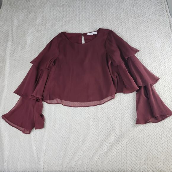 BCBGeneration Women XS Burgundy Chiffon Sheer Bell Sleeve Ruffle Top Indie/Boho - Picture 4 of 10